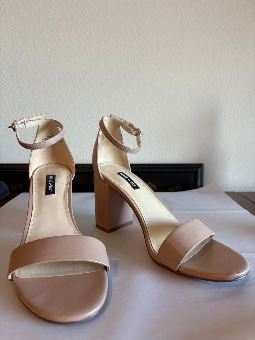 Nine West Beige Block Heel Sandals with Ankle Strap